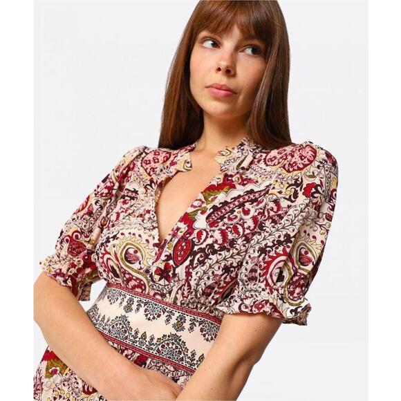 ba&sh Dress Womens Small Zael Paisley Short Sleeve Midi Ecru V-Neck NWT - Picture 2 of 12
